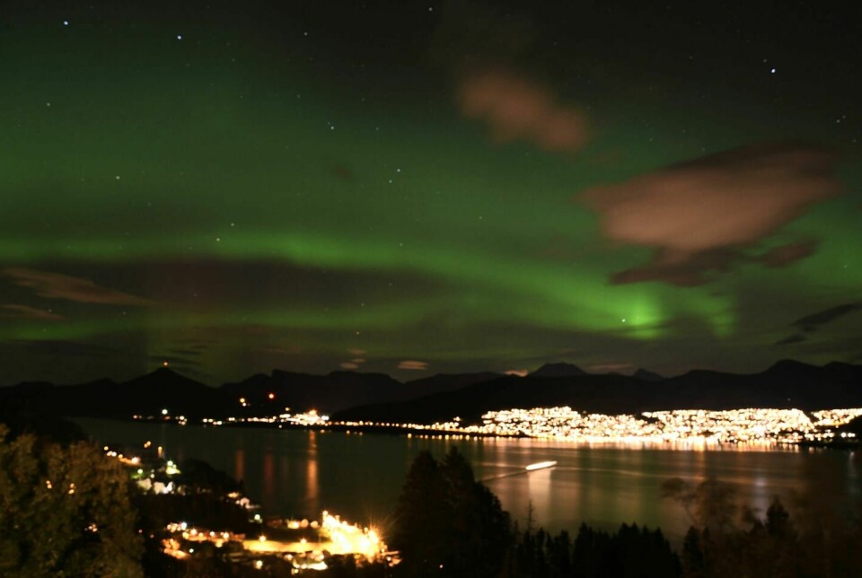 GRØNN HIMMEL: Aurora polaris, eller nordlys om du vil, dukket opp over himmelen til Volda og Folkestad torsdag kveld.