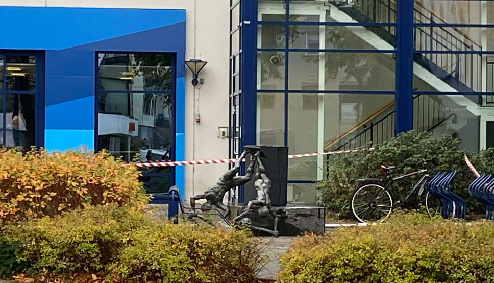 SKADER: Bilen påførte skader på en statue før den endte i en stolpe.