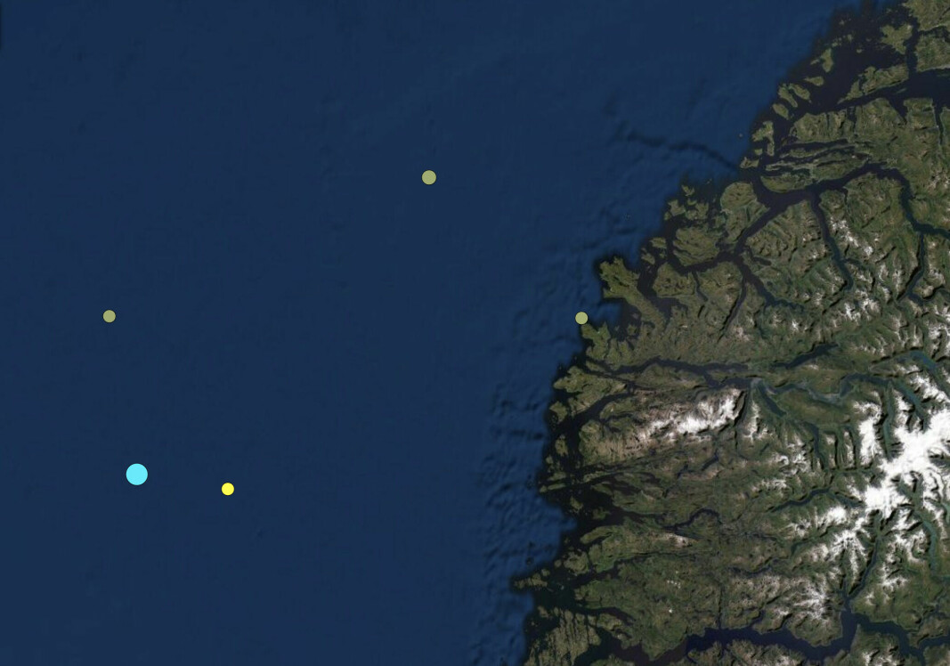 JORDSKJELV: Bilde over deler av Vestlandet og hvor skjelvet er registrert. (Den blå sirkelen)
