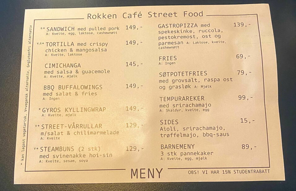 UTVALG: Det var et variert utvalg av 'streetfood' på menyen. Verdt å merke seg er at spisestedet har 15 prosent studentrabatt.
