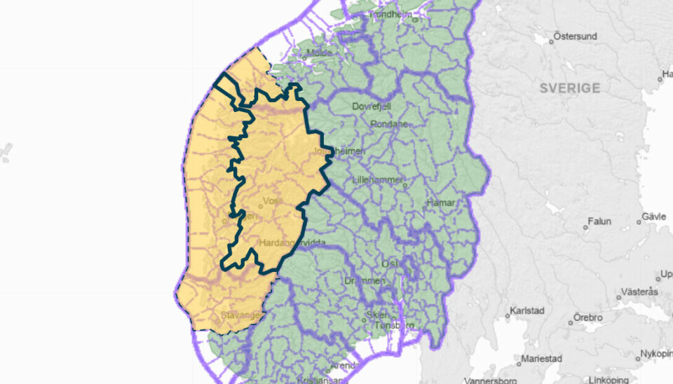 GULT NIVÅ: Store deler av Vestlandet er satt til gult nivå.