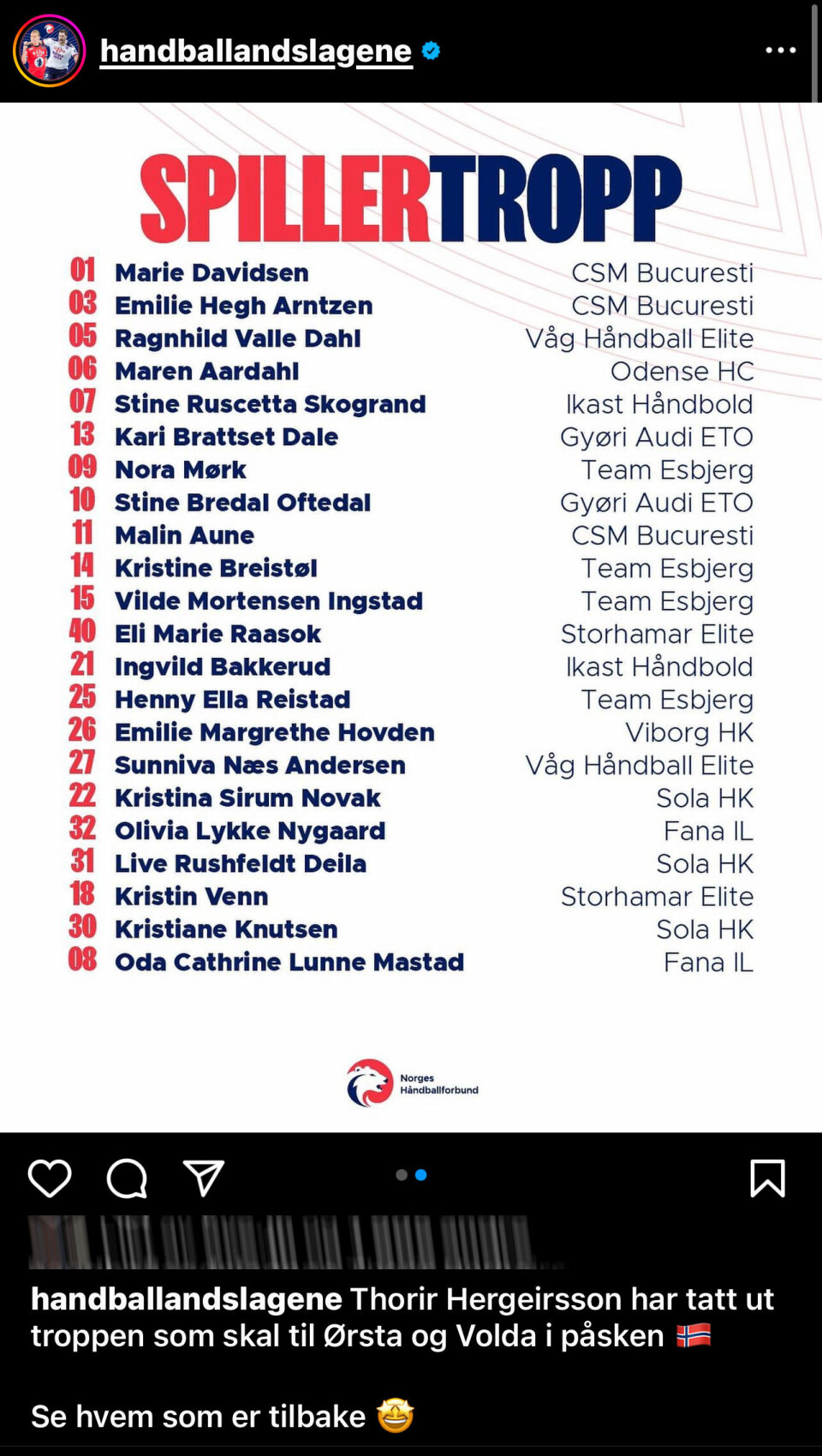 SKJERMDUMP: Handballandslagene på IG SKJERMDUMP: Handballandslagene på IG