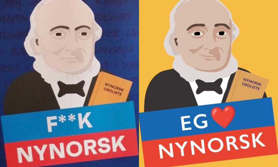 SPRÅKSTRID: FpUs valkampplakat med teksten 'F**k nynorsk, og Noregs Mållags svar: 'Eg elskar nynorsk'.