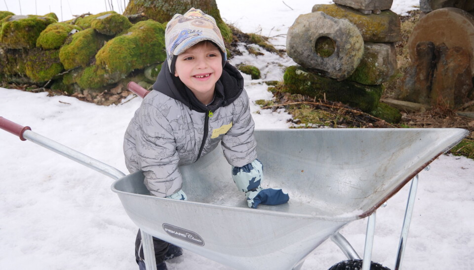 STERK: Sander (6) syntes trillebåren var litt tung, men greide likevel å trille den rundt huset.