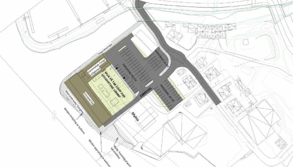 MYE PARKERING: Det blir tilrettelagt for en større parkeringsplass utenfor det nye bygget, ifølge tegningene.