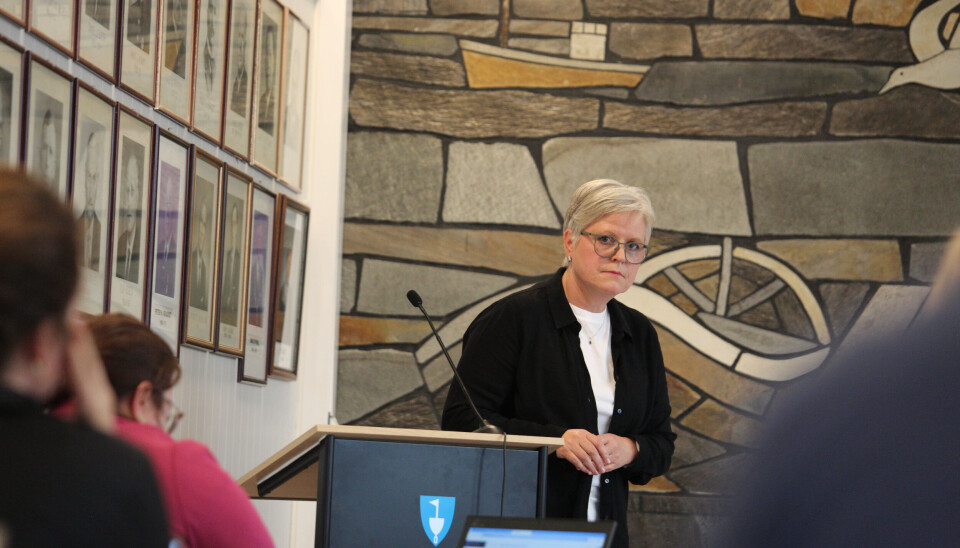 Camilla Auflem Vik (Ap) peker på innbyggertall når hun argumenterer for kommunesammenslåing.